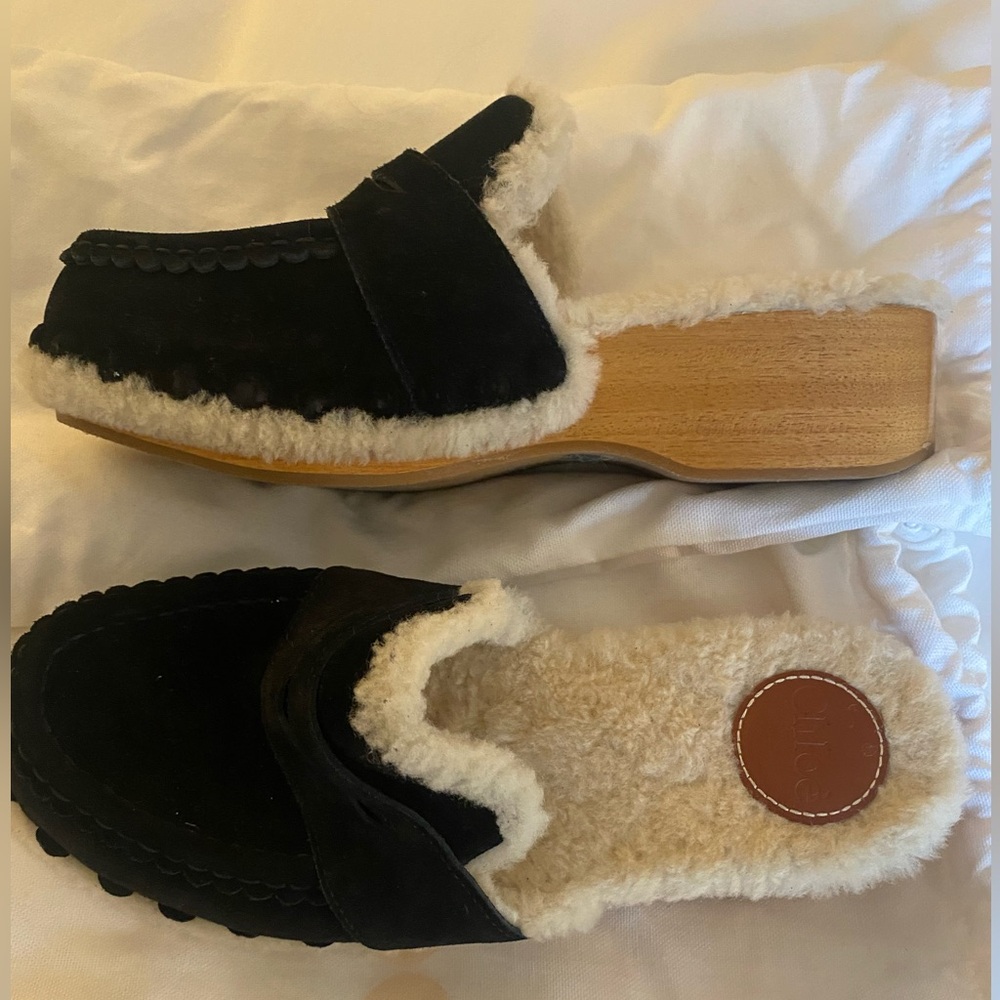 Chloe Joy suede shearling clog, size 38